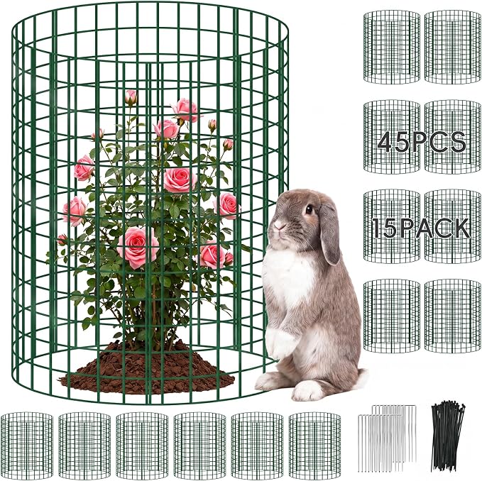 15 Packs Plant Protectors from Animals, 45Pcs 12"x 16" Large Metal Wire Mesh Garden Plant Cages for Outdoor Gardening, Chicken Wire Cloche Plant Cages for Rabbits with Zip Ties & Stakes(Green)