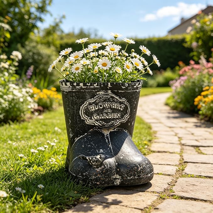 Vintage Distressed Boot Planter, Rustic Flowers & Garden Metal Rain Boot Plant Pot, Farmhouse Succulent Herb Planter for Indoor Outdoor Home Garden Patio Decor (Black - Small)