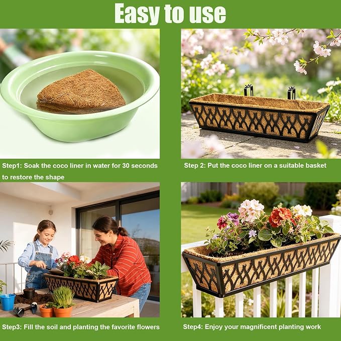 4 Pack 30 Inch Trough Coconut Liners for Window Box Deck Planter Natural Coco Fiber Replacement Liner for Outdoor Plants Rectangular Coir Planters for Porch Balcony Garden Decor
