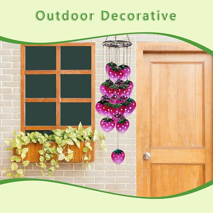 Small Sea Glass Wind Chimes for Outside, Strawberry Windchimes Outdoors Unique, Sea Glass Art Wind Chimes Outdoor Gifts for Women, Hanging Outdoor Garden Decor