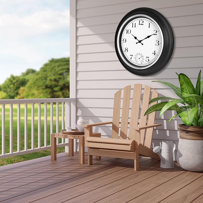 JoFomp Large Waterproof Outdoor Clock with Thermometer Combo - 18 inch Silent Non Ticking Quartz Battery Operated Wall Clock for Patio, Home, Pool, Garden, Porch, Deck (Silver, 18 Inch)
