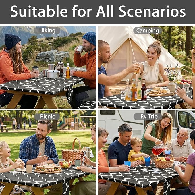 Fitted Picnic Table Cover with Chair Covers Elastic Water Resistant Camping Tablecloth for 8 Foot Rectangle Tables Garden Patio Outdoor Organization Road Trip Hiking Motorhome Essential Gift