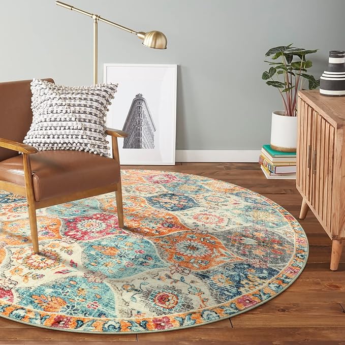 Lahome Moroccan Washable Round Area Rug, Round Rug 5ft Soft Non-Slip, Non-Shedding Distressed Circle Carpet for Bedroom Living Room Bathroom Nursery Kitchen Elise, Burnt Orange