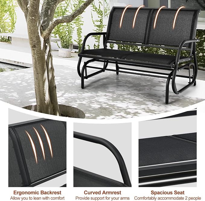 Tangkula 2 Person Patio Glider, Outdoor Swing Bench Rocker Glider Loveseat Chair with Heavy-Duty Steel Frame, Breathable Seat Fabric, Rocking Lounge Chair for Poolside, Garden, Backyard, Porch (Black)