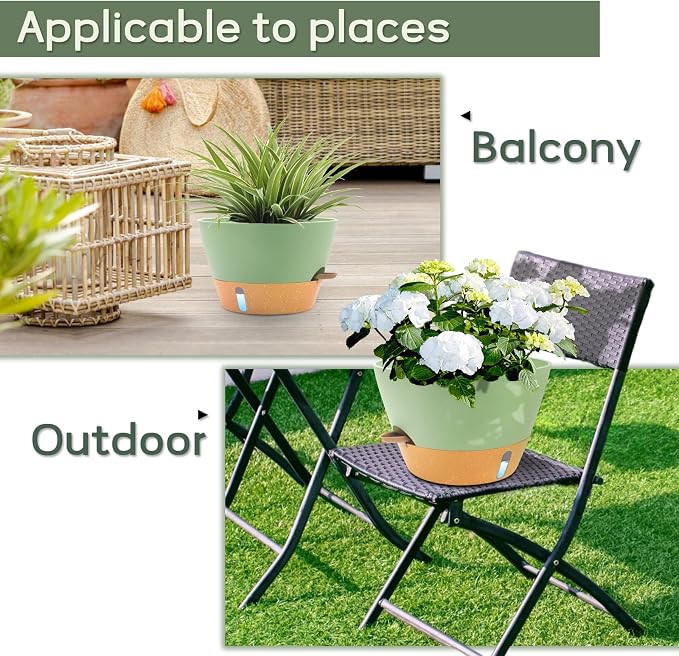 12 Inch Self Watering Pot with Visual Water Window, Drainage Holes & Watering Lip, Set of 3 Large Plastic Planters for Indoor Outdoor Plants, Modern Decorative Flower Pot (Green)