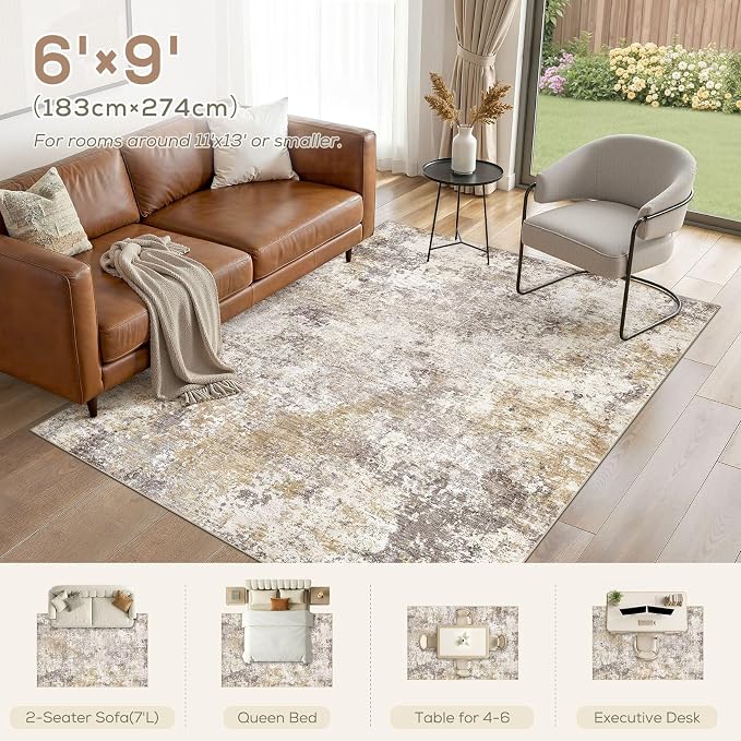 Nakagishi 6X9 Abstract Washable Area Rugs for Living Room-Golden Brown | Modern Non-Slip Silicone Backing Low Pile Soft Carpet for Bedroom Dining Decor for Families with Kids and Pets