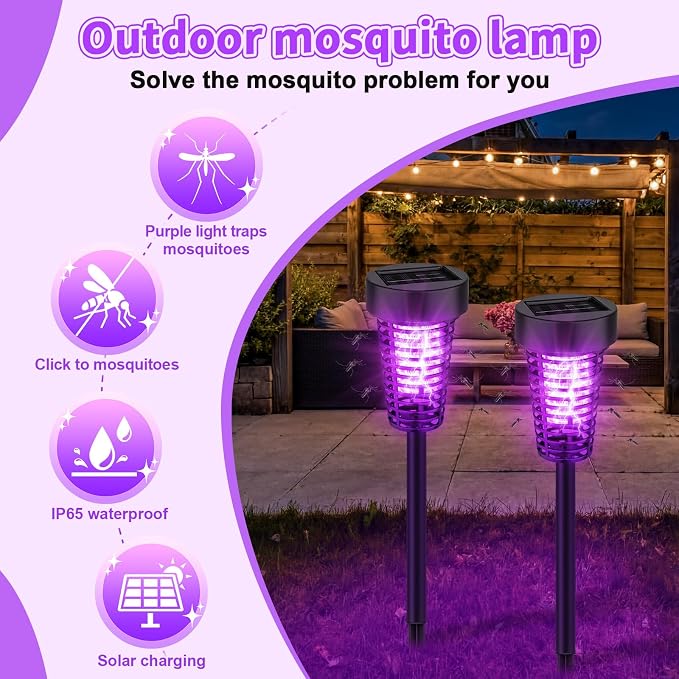 Qualirey 4 Pack Solar Bug Zapper Outdoor Waterproof Mosquito Repellent Killer Bug Zapper Lamp with LED Light for Outdoor Garden Patio Yard (Purple and Colorful Light,Black)