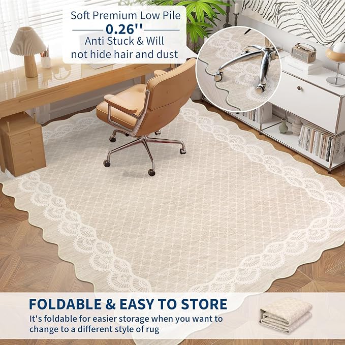 Garvee Washable Scalloped 9x12 Area Rug for Living Room, Lace Beige Rug | Soft Non Slip Rugs for Bedroom, Low Pile Neutral Rug, Stain Resistant Foldable Carpet for Playroom Dorm, Farmhouse Rugs