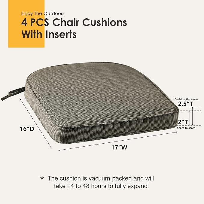 Outdoor Outdoor Round Corner Seat Cushion, 17"x16"x2", Set of 4, Non Slip Seat Cushion Pads with Removable Cover for Patio Furniture, Garden Yard Lawn, Dark Black Tan Stripe