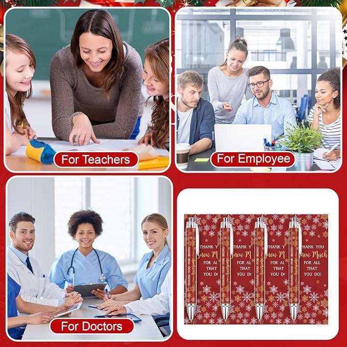 Tenceur 50 Sets Winter Pens Bulk Thank You Snowflake Ballpoint Pens Employee Appreciation Gift Inspirational Coworker Gift with Cards Twist Ties for Office Coworker Staff Nurse Teacher(Red)