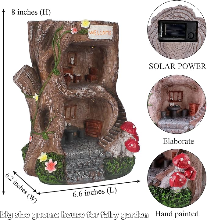 Solar Light Gnome Fairy Garden House for Outside, Big Size Fairy Miniature Buildings Accessories House Sculptures for Outdoor Garden Patio Lawn Path Decorations, 8" Tall