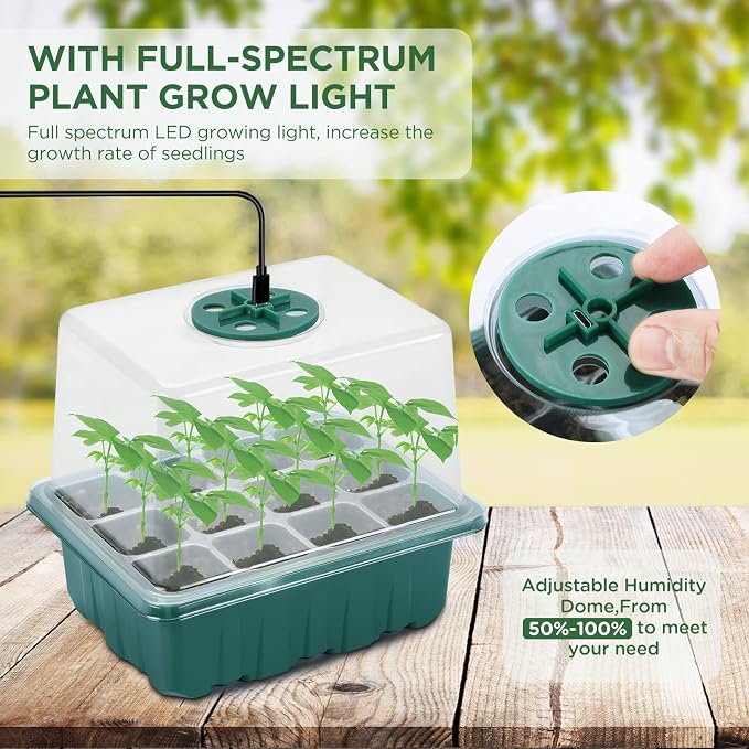 Seed Starter Tray with Light, 6PCS Seed Starter Kit with Grow Light, Seedling Starter Trays with Humidity Domes, Covers Height 3.9", Indoor Gardening Plant Germination Trays