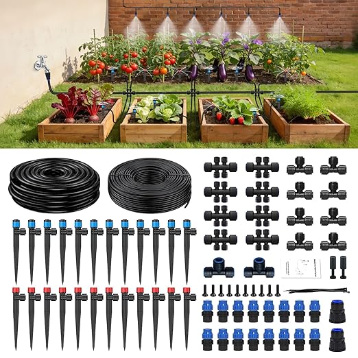 236FT Drip Irrigation System Kit New Quick-Connect, Automatic Garden Watering Misting System for Greenhouse, Yard, Lawn, Plant with 5/16 inch Hose 1/4 inch Distribution Tubing and Accessories
