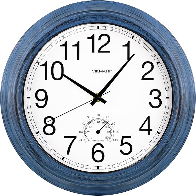 VIKMARI Indoor Outdoor Sealed Glass Clock Waterproof Silent Classic Quartz Clocks Thermometer Battery Operated Wall Clocks for Bathroom Patio Pool Wall Decor (12 Inch,Rustic Blue)
