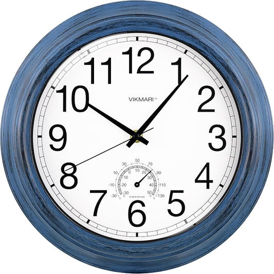 VIKMARI Indoor Outdoor Sealed Glass Clock Waterproof Silent Classic Quartz Clocks Thermometer Battery Operated Wall Clocks for Bathroom Patio Pool Wall Decor (12 Inch,Rustic Blue)