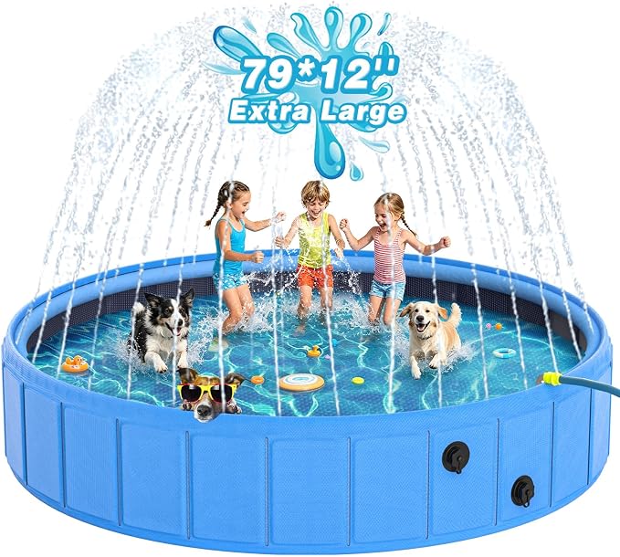 EPN Foldable Dog Pool with Sprinkler, Large Non-Slip PVC Pet Bath, 79 Inch | 2-in-1 Pet Bath and Sprinkler with Non-Slip Base for Dogs and Kids, Ideal for Backyard Cooling, Bathing and Summer Water Play