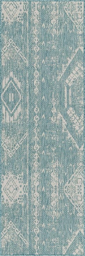 Unique Loom Outdoor Bohemian Collection Area Rug - Anthro (2' 7" x 8' Runner, Light Aqua/ Ivory)