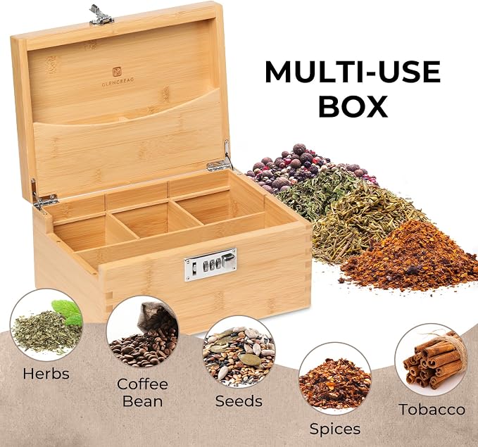 GLENCREAG Stash Box with Rolling Tray, Smell Proof Large Bamboo Storage Box with Lock, Decorative Box Set Includes Glass Jars & Grinder, Gift for Men Women