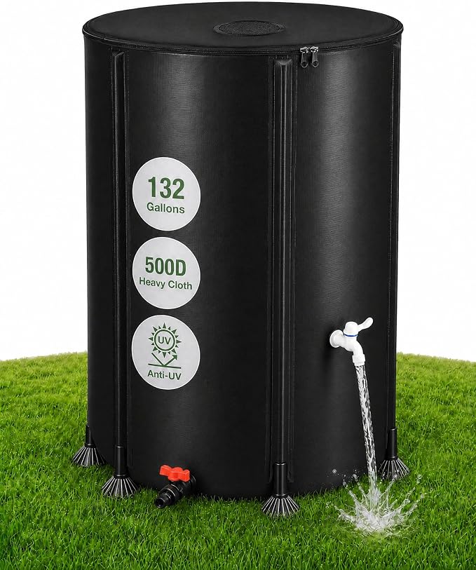 132 Gallon Collapsible Rain Barrel, Rain Water Collection Barrel System Kit, Collapsible Water Tank with 2 Spigots and Overflow Kit, Portable Rain Water Catcher for Garden, Black