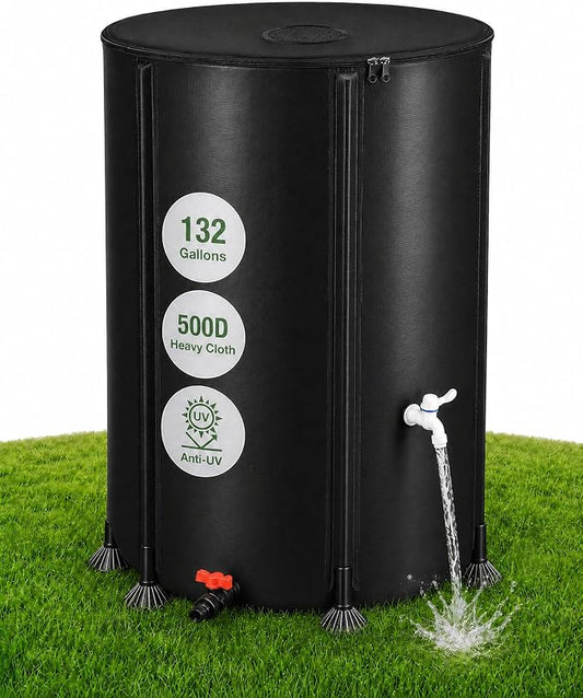 132 Gallon Collapsible Rain Barrel, Rain Water Collection Barrel System Kit, Collapsible Water Tank with 2 Spigots and Overflow Kit, Portable Rain Water Catcher for Garden, Black