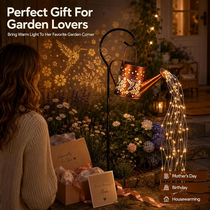 Solar Watering Can Light, Solar Powered Hanging Lantern Landscape Lights, Decorative Garden for Yard Waterproof Garden Decor, Gifts for Mom, Grandma（Hummingbird）
