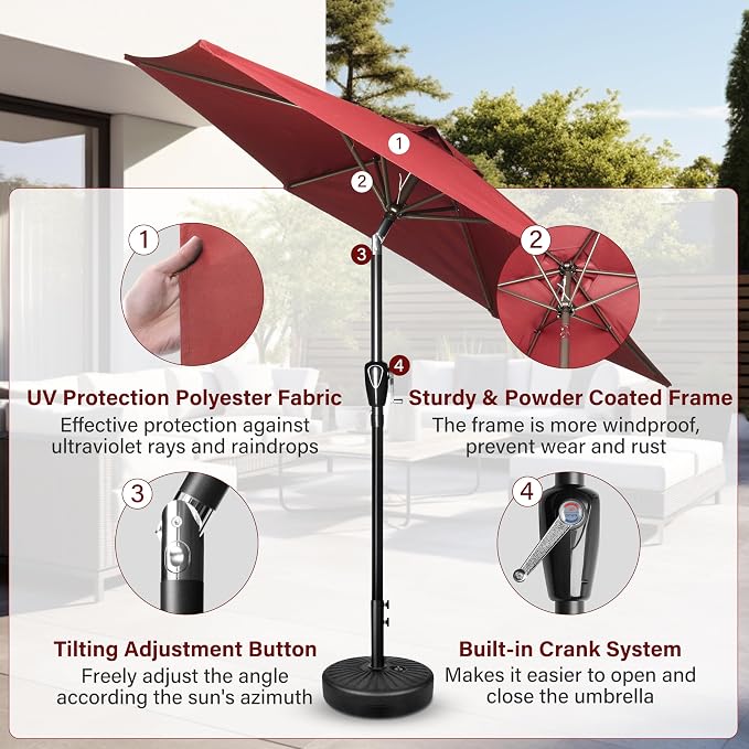Simple Deluxe 7.5' Patio Umbrella Outdoor Table Market Yard Umbrella with 6 Sturdy Ribs for Backyard, Pool, Garden, Deck, Red