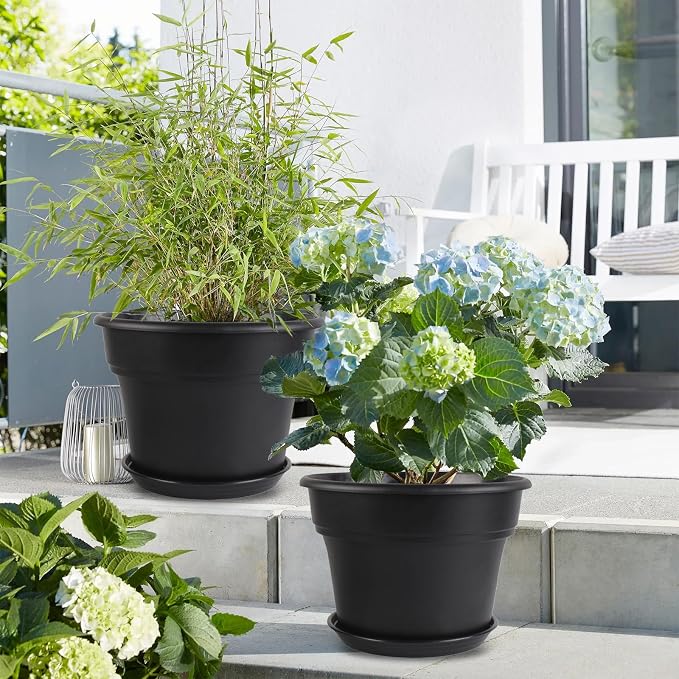 Myfeegoin 16-inch-Plant-Pots, 4 Pack Large Planters for Outdoor Plants, Plastic Flower Pots Indoor with Drainage Holes & Trays, Classic Garden Pot Container for House