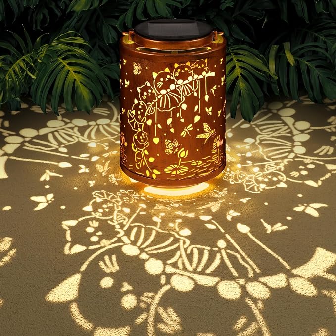 Solar Lanterns Garden Decor Birthday Gifts for Women Mon Grandma Metal Hanging Solar Lights Waterproof Outdoor Decoration for Outside LED Lanterns for Yard Patio Lawn (Cat)
