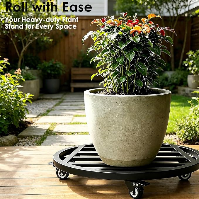 20" Round Plant Stand with Wheels Heavy Duty,Large Metal Plant Caddy Indoor Outdoor Use,Rolling Plant Dolly with Industrial Casters,Rust-Proof Black Plant Tray for Large Planters Pots,2-Pack