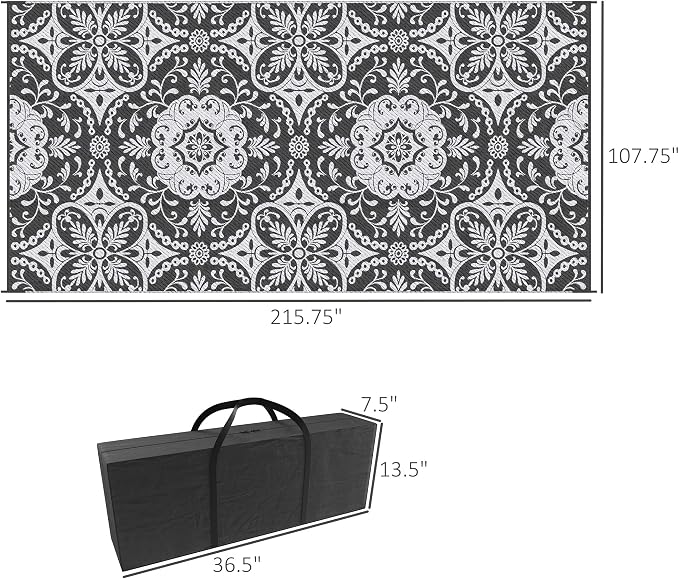 Outsunny Outdoor Rug for Patio, 9' x 18' Waterproof Large Mat, Reversible Plastic Straw Rug for Decor, Portable Outside RV Camping Area Carpet Mat for Backyard Porch Deck Picnic, Gray & White Floral