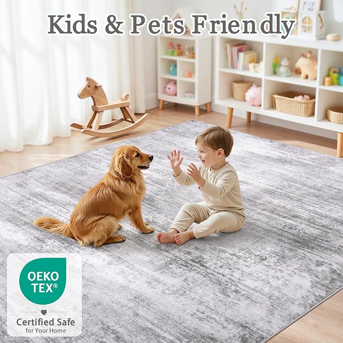 Tosuoka Washable Rug 8x10 Area Rugs for Living Room, Gray Abstract Soft | Bedroom Rug, Grey, Non-Slip, Low-Pile, Modern, Large, Indoor Carpet for Nursery Dining Room Office Home