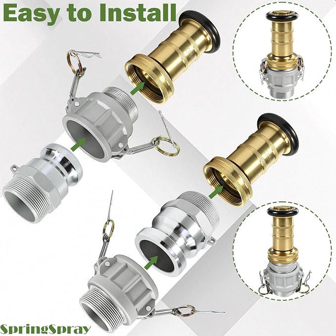 2" NPSH Brass Industrial Fire Hose Nozzle with 2 x Aluminum 2 inch Camlock Fittings Couplings Fire Equipment Constant Flow Heavy-Duty Fog Nozzle