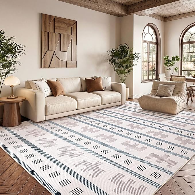 6x9 Washable Area Rug for Living Room, Southwestern Tribal, Cream Beige | Boho Geometric Pattern, Neutral Low Pile Non Slip Rug for Bedroom Dining Room Office, Soft Faux Wool