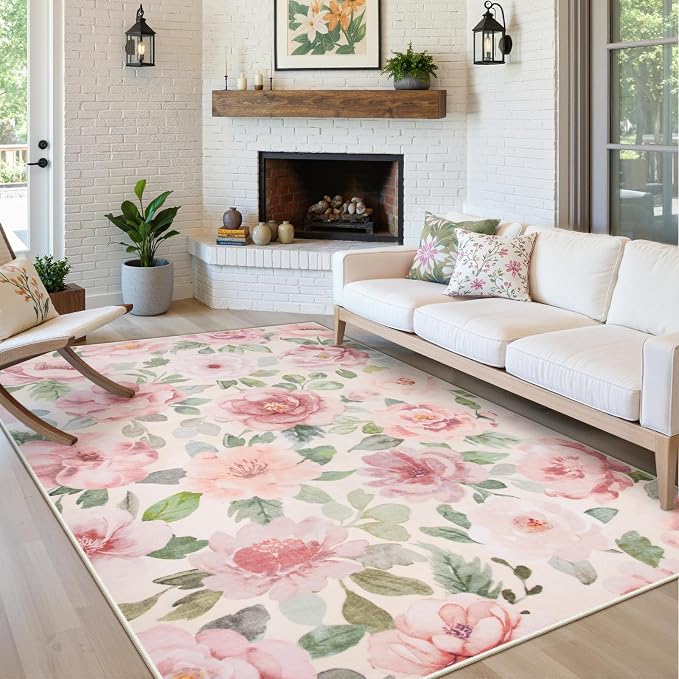 Lahome Floral Nursery Rug 5x7, Soft Boho Pink Rugs for Girls Bedroom | Low Pile Large Living Room Rug, Home Decor Carpet for Dining Room Kids Playroom Farmhouse, Beige/Multi