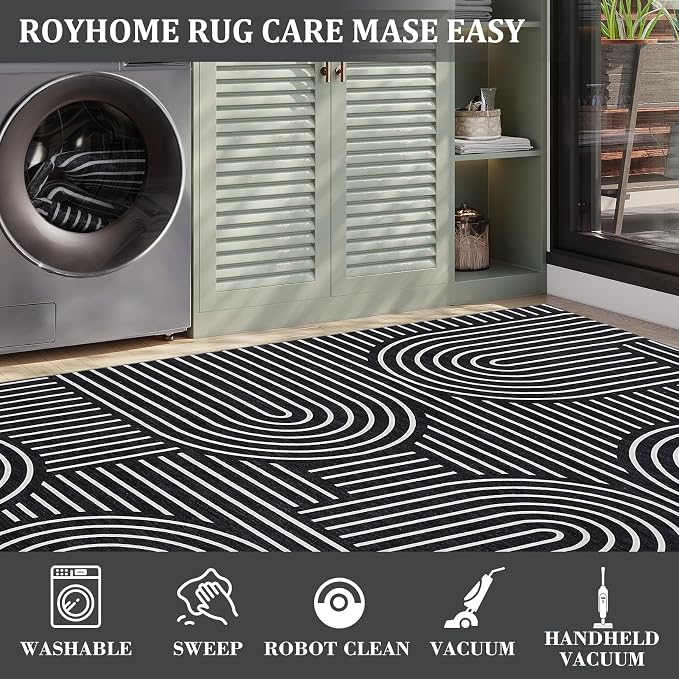 ROYHOME Modern 2x3 Washable Rugs for Entryway, Non Slip Soft Small Area Rug | Abstract Rug for Bedroom, Rainbow Bath Mat with Rubber Back, Low Pile Stain Resistant Geometric Carpet for Kitchen, Black