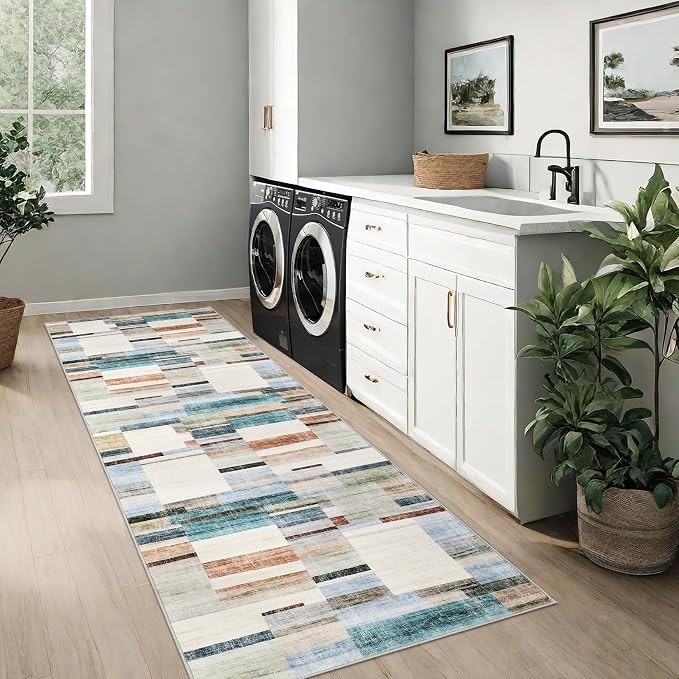 GarveeHome Washable Runner 2x6 Non Slip Kitchen Rugs Modern Geometric Hallway Rug Indoor Entryway Rug Farmhouse Soft Bath Mat Stain Resistant Carpet for Bedroom Laundry 2 ft x6 ft Multi