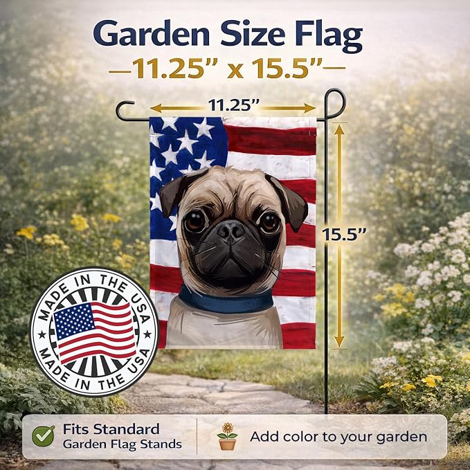 Caroline's Treasures CK6665GF Pug Dog American Flag Garden Flag Mailbox Flag Decorative Yard Flag Banner Outside Patio Artwork Yard Flower Beds, Garden Size, Multicolor