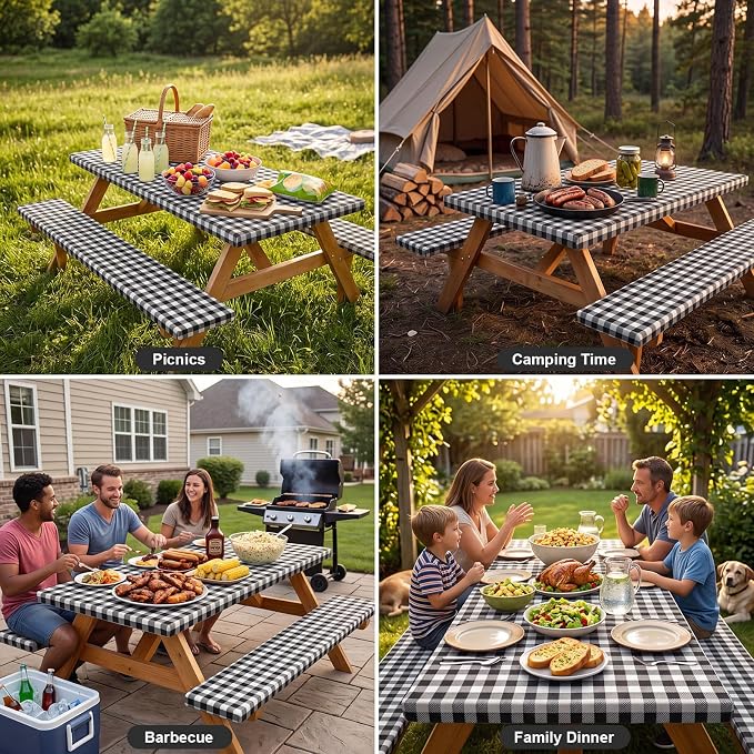 Dntorx Picnic Table Cover with Bench Covers and Bag 72in, Black | Waterproof, Windproof, Elastic Edges Fitted Rectangle, Camping Tablecloth, RV Gear Campers Must Have