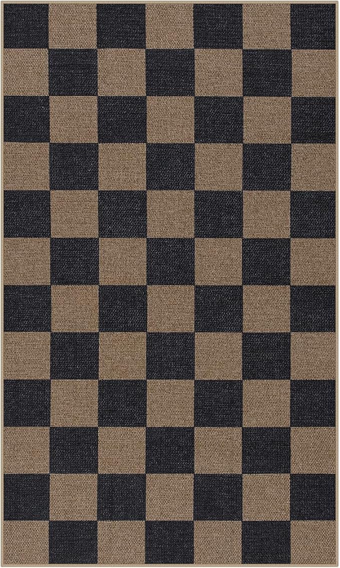 Lahome Colette Checkered Easy Jute 3x5 Rug, Washable Rugs for Living Room Entryway Farmhouse Non Slip Black Outdoor Carpet, Checkerboard Indoor Door Mat for Entry Patio Deck