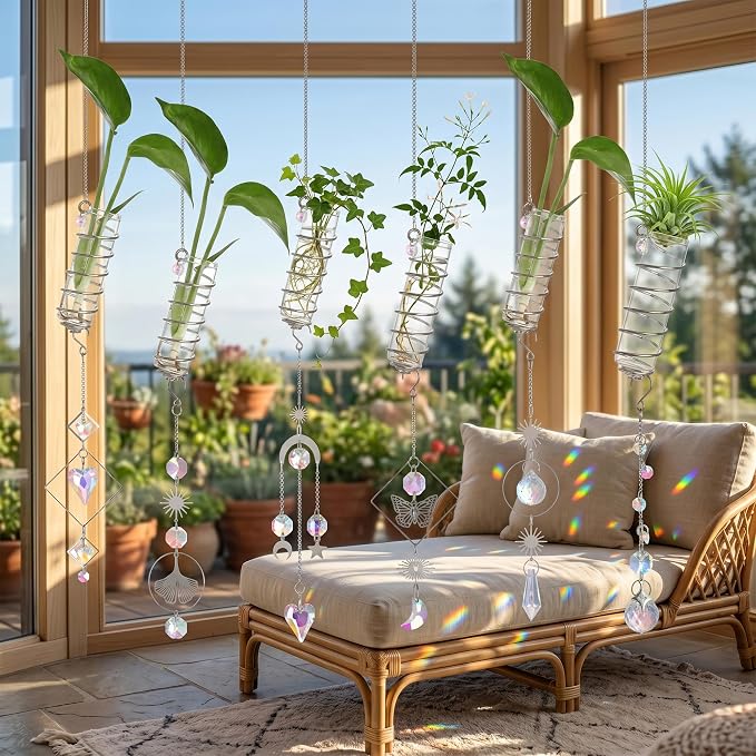 6Pcs Wall Hanging Glass Propagation Station with Crystal Planter Suncatcher | Hanging Propagation Vases for Wall Indoor Plants Hydroponics Mini Test Tube Flower Vase with Metal Chain for Home Decor