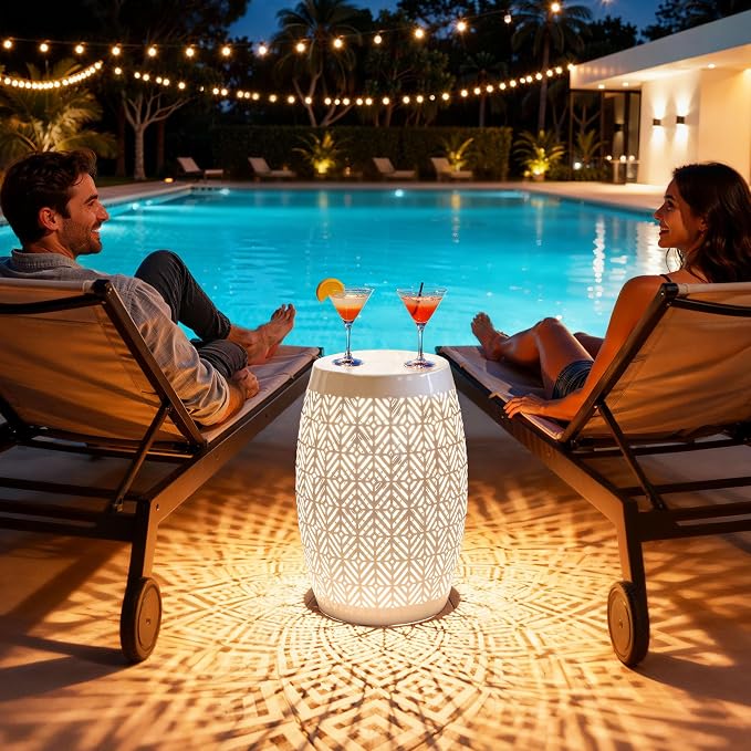 18" Cutout Metal LED Outdoor Side Table, Modern Drum Accent Table | Versatile Decorative Table with 3-Mode LED Lights,Use as Coffee Table, Garden Stool, Nightstand for Patio, Living Room