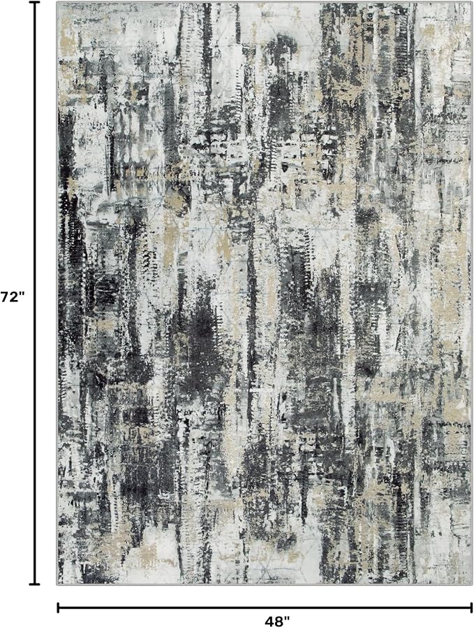 4x6 Area Rugs for Living Room: Washable Abstract Black Grey Gold Carpet | Non-slip TPE backing makes this washable soft low-pile rug safe & durable, Pet-friendly decor for dining room,nursery,office