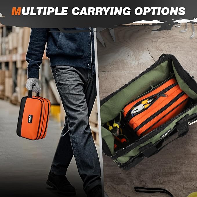 UUP 10 Inch Small Tool Bag, Zipper Tool Pouch Two Compartments Heavy Duty, Utility ToolBag with Carrying Handle, Tools Storage Organizer for Electrician Mechanic, Gift for Men Dad,Orange