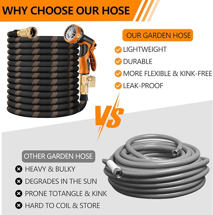 Flexible Garden Hose 25 FT, Ultra Lightweight Water Hoses w/10 Function Sprayer and 3/4" Brass Fittings, Kink-Free, Sturdy, Abrasion Resistant for Yard, Lawn, Outdoor and Gardening(Black Orange)