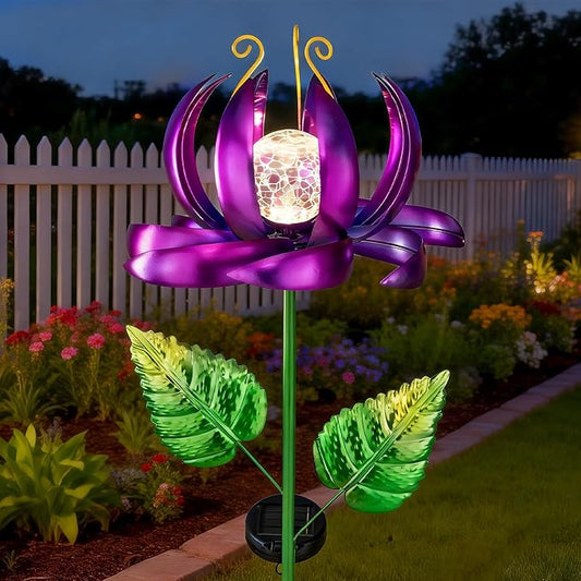 Solar Yard Lights Wind Spinners- Metal Lotus Flower Garden Decor LED Crackle Glass Globe Yard Art Sculpture Solar Stake Lights for Patio Pathway Lawn Walkway (Purple-Large)