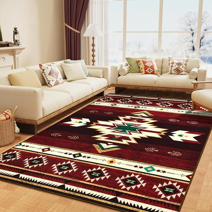 BENRON Western Rugs for Living Room Bedroom 5x7, Non Slip Area Rugs, Red | Southwest aztec Rustic Rugs for Dining Table Kitchen Home Decor, Washable