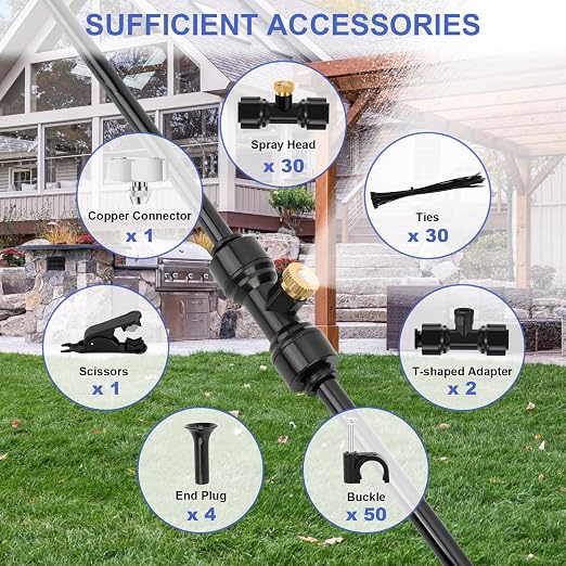 GMAULEE Misting Cooling System, DIY 98.5FT(30M) Misting Line +30 Brass Mist Nozzles+ a Brass Connector(3/4'') Outdoor Mister System for Patio Waterpark Garden Trampoline Greenhouse