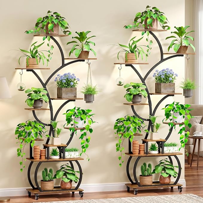 Plant Stand with Grow Lights 2-Pack, 61" Tall Indoor Plant Shelf with Multi-Color Full Spectrum LED Lights and 360° Lockable Wheels, 10-Tier Tree-Shaped Decorative Plant Rack Set of 2, for Living Room, Balcony & Office, Black and Brown