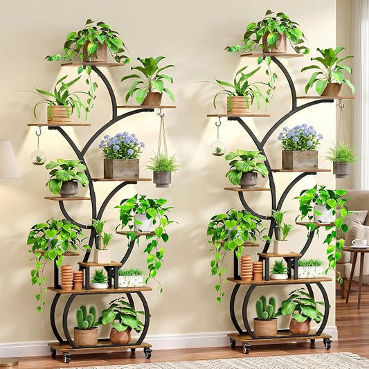 Plant Stand with Grow Lights 2-Pack, 61" Tall Indoor Plant Shelf with Multi-Color Full Spectrum LED Lights and 360° Lockable Wheels, 10-Tier Tree-Shaped Decorative Plant Rack Set of 2, for Living Room, Balcony & Office, Black and Brown