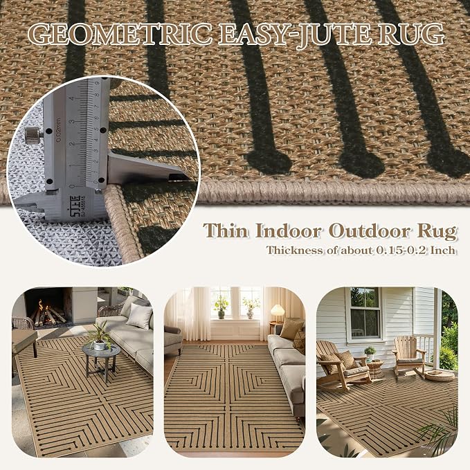 Lahome Neutral Outdoor Rug 5x7, Black and Brown Classroom Easy Jute Rug | Nature Farmhouse Rhombus Non Slip Non Shedding Outdoor Patio Carpet for Balcony Dining Room
